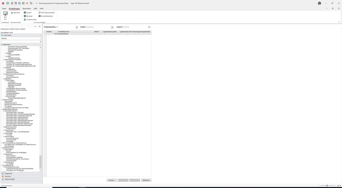 Sage 100 9.0.5.11 Buchungsassistent für Fertigungsaufträge: Maske Buchungsassistent für Fertigungsaufträge
