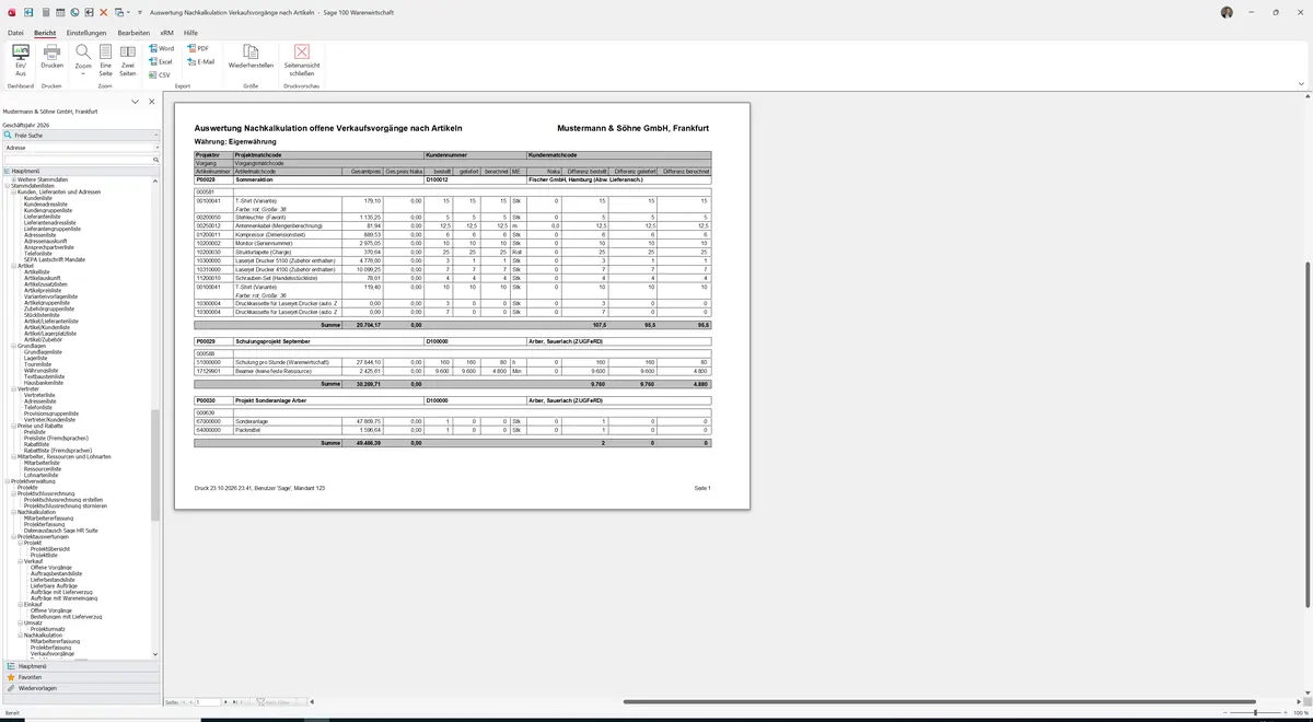 Sage 100 9.0.5.11 Offene Verkaufsvorgänge (Naka): Bericht Vorschau