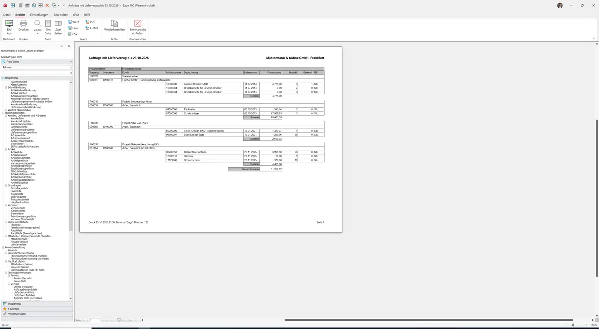 Sage 100 9.0.5.11 Aufträge mit Lieferverzug: Bericht Vorschau