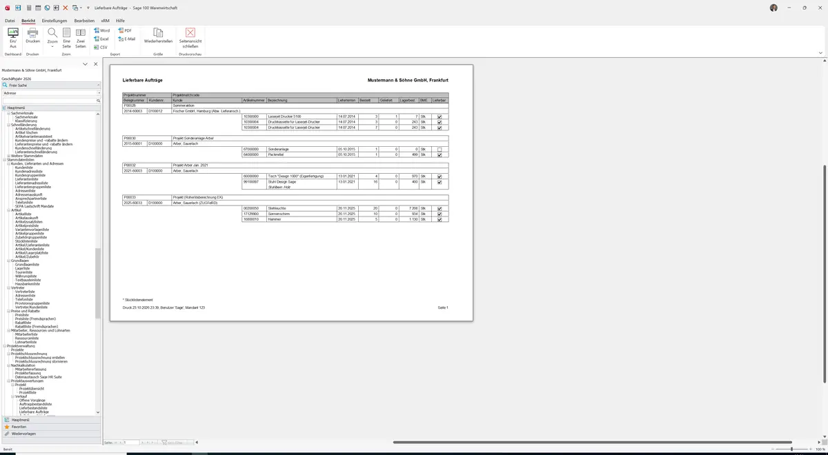Sage 100 9.0.5.11 Lieferbare Aufträge: Bericht Vorschau