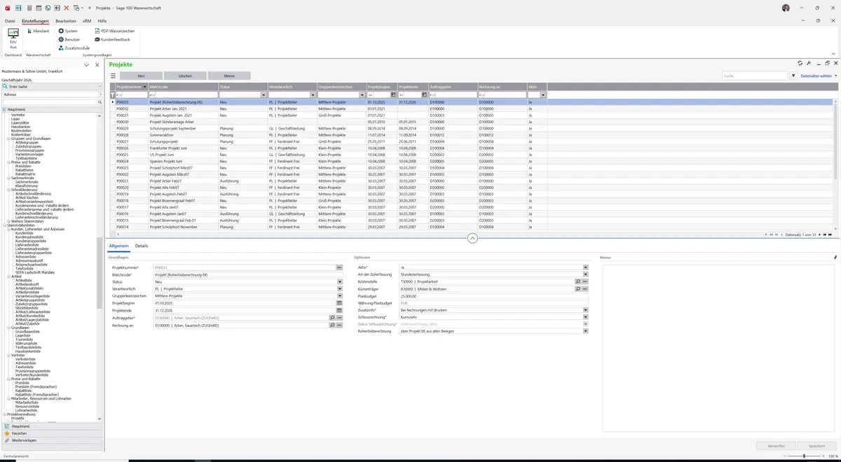 Sage 100 9.0.5.11 Projekte: Datensatz geladen