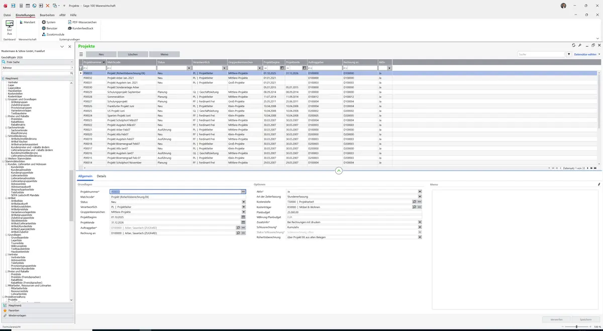 Sage 100 9.0.5.11 Projekte: Register Allgemein