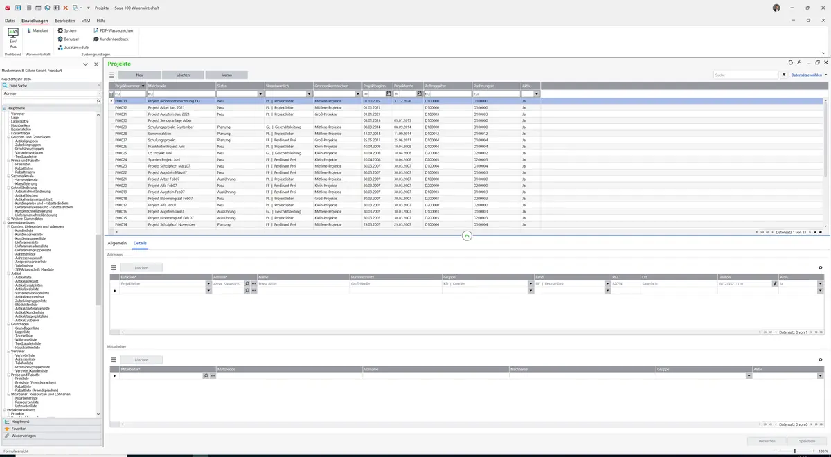 Sage 100 9.0.5.11 Projekte: Register Details