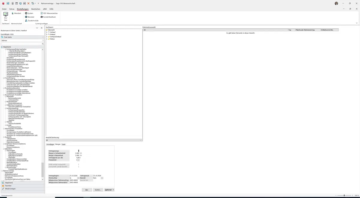 Sage 100 9.0.5.11 Rahmenverträge: Register Mengen