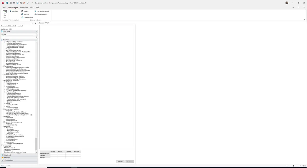 Sage 100 9.0.5.11 Zuordnung von Fremdbelegen zum Rahmenvertrag: Register Belege