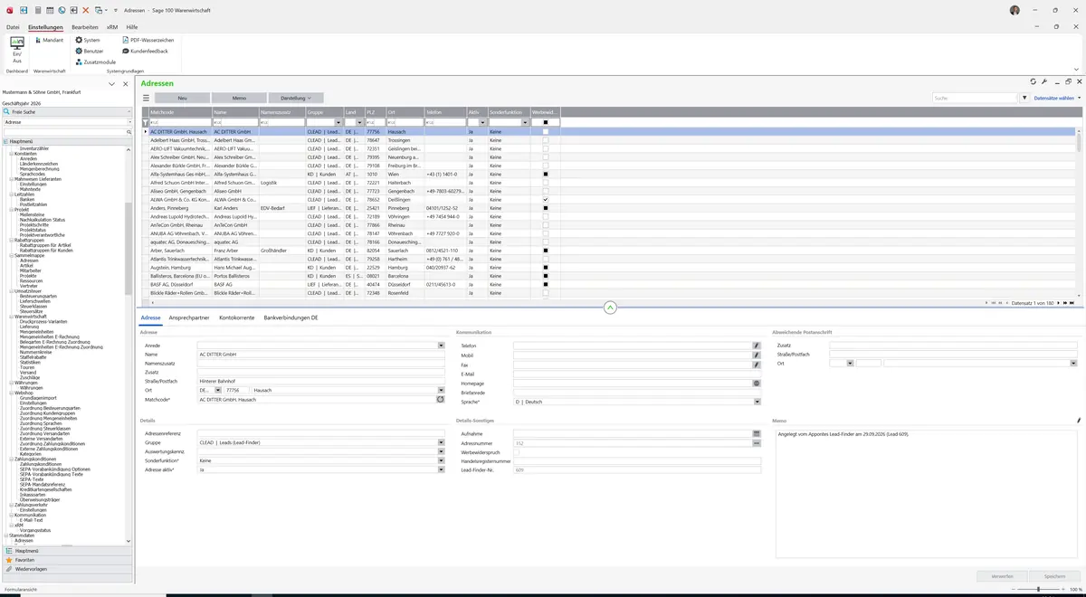 Sage 100 9.0.5.11 Adressen: Datensatz geladen