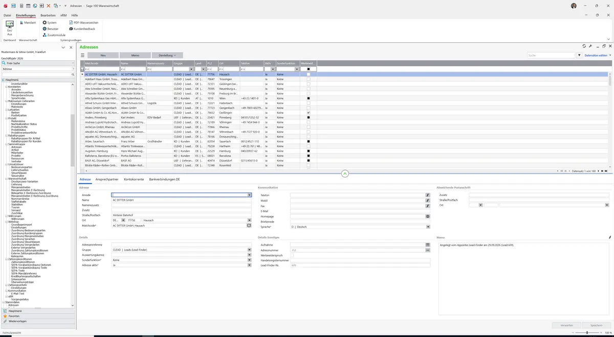Sage 100 9.0.5.11 Adressen: Register Adresse