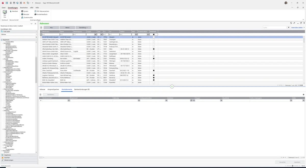Sage 100 9.0.5.11 Adressen: Register Kontokorrente