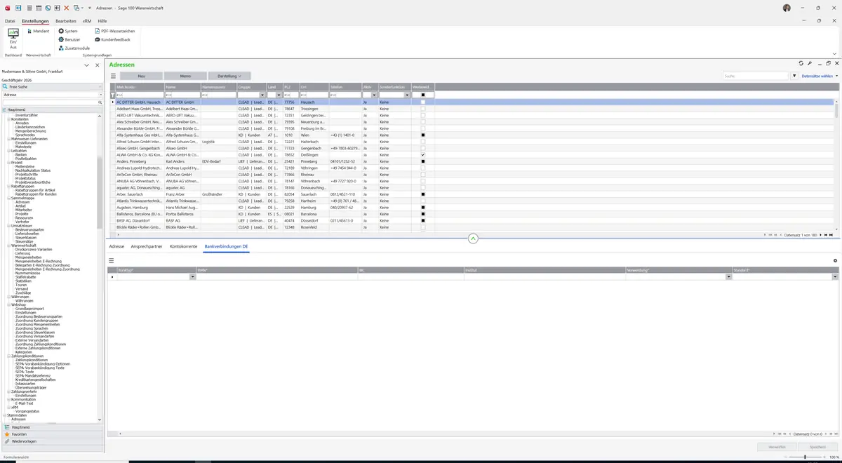 Sage 100 9.0.5.11 Adressen: Register Bankverbindungen DE