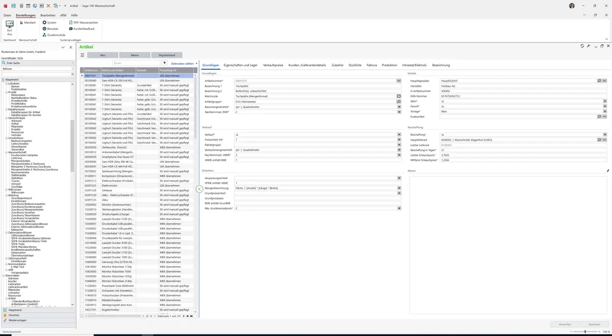 Sage 100 9.0.5.11 Artikel (Artikelstamm gedreht): Datensatz geladen
