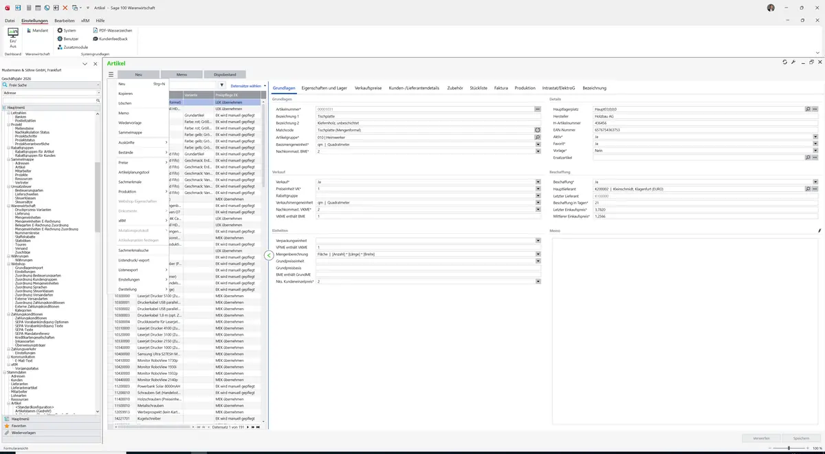 Sage 100 9.0.5.11 Artikel (Artikelstamm gedreht): Datenklassenmenü