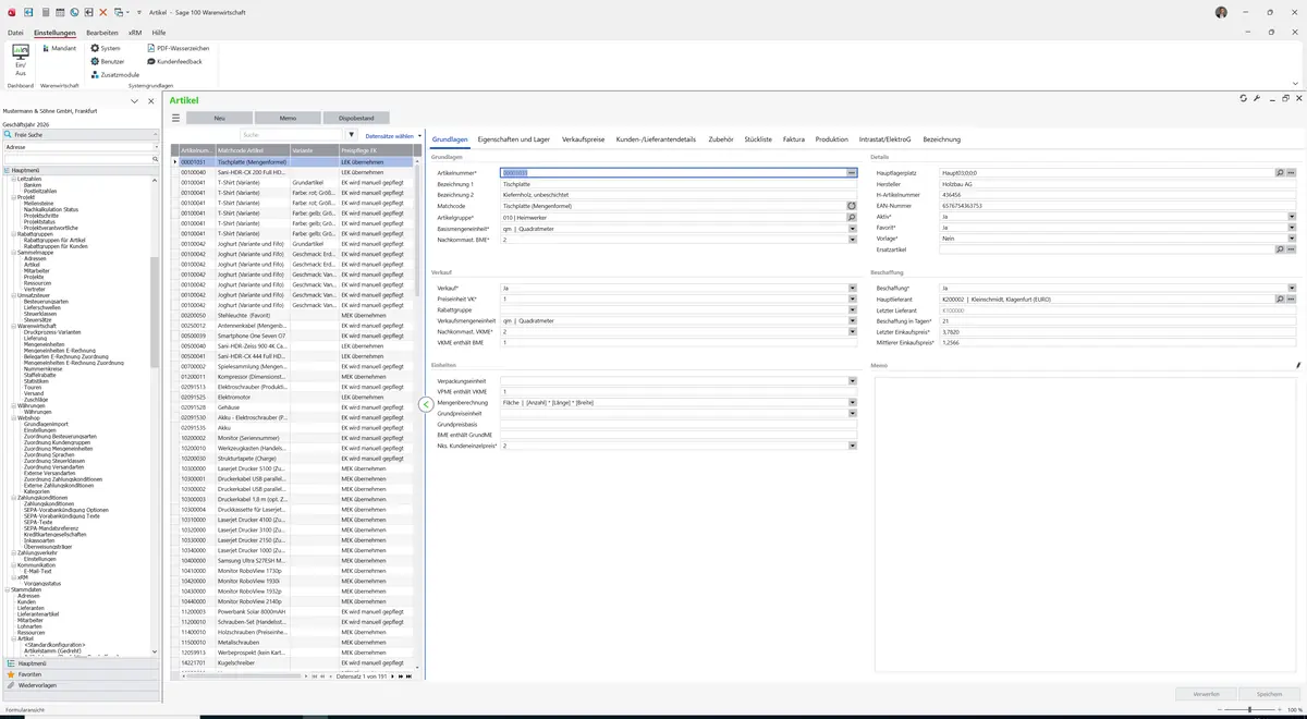 Sage 100 9.0.5.11 Artikel (Artikelstamm gedreht): Register Grundlagen