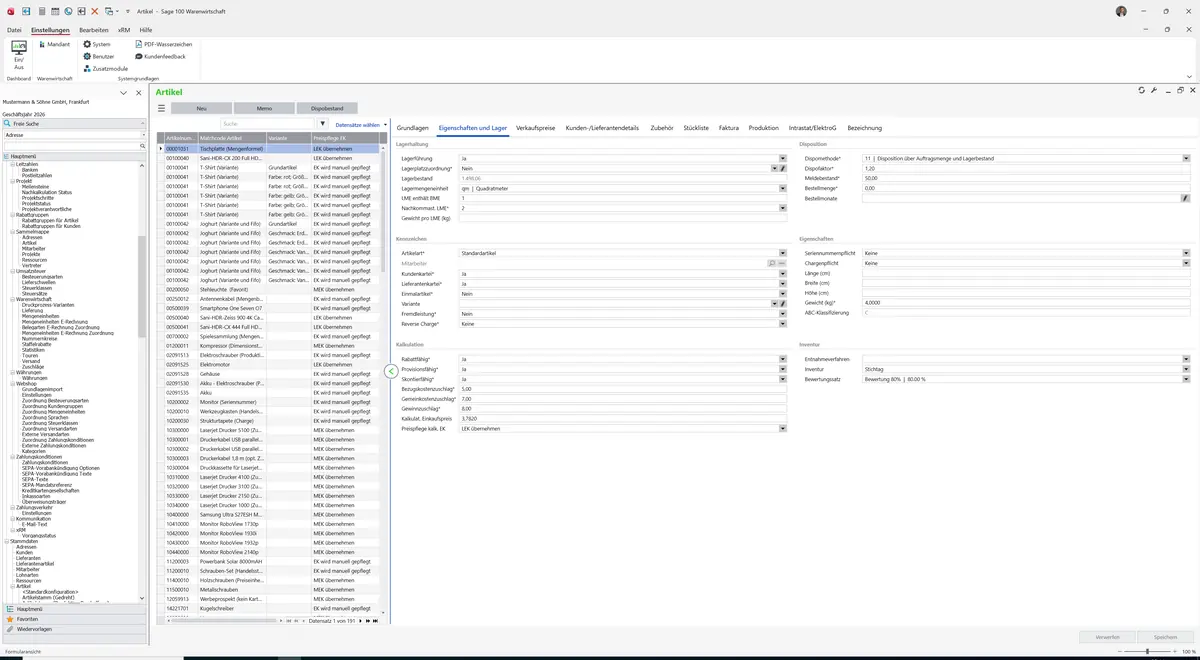 Sage 100 9.0.5.11 Artikel (Artikelstamm gedreht): Register Eigenschaften und Lager