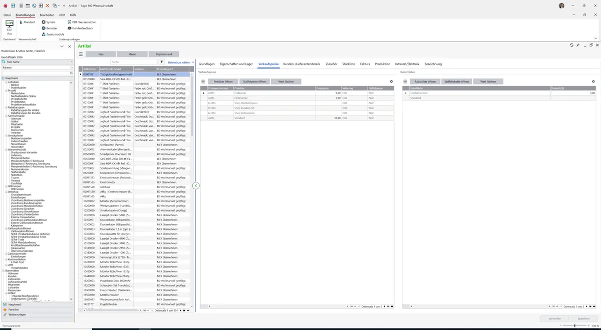 Sage 100 9.0.5.11 Artikel (Artikelstamm gedreht): Register Verkaufspreise
