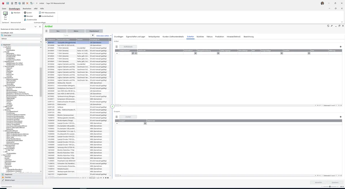 Sage 100 9.0.5.11 Artikel (Artikelstamm gedreht): Register Zubehör