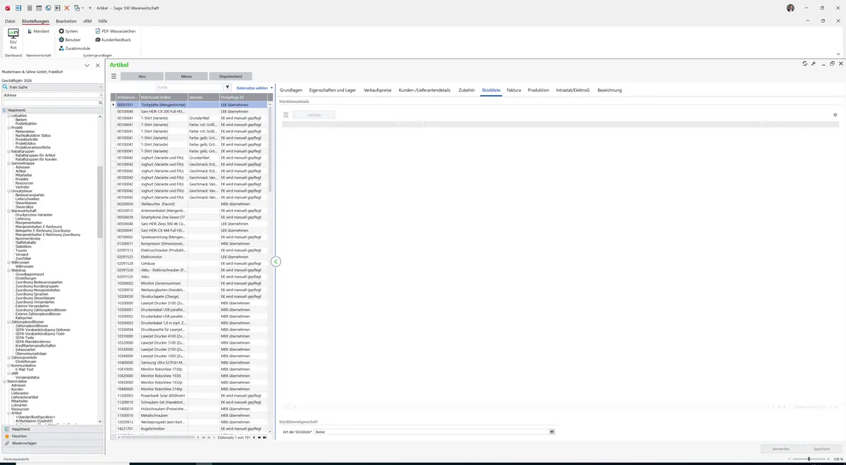 Sage 100 9.0.5.11 Artikel (Artikelstamm gedreht): Register Stückliste