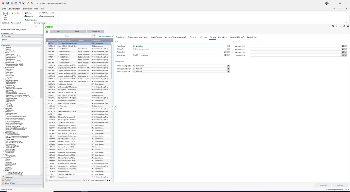 Sage 100 9.0.5.11 Artikel (Artikelstamm gedreht): Register Faktura