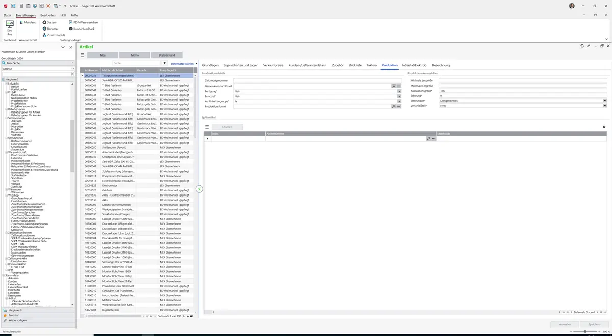 Sage 100 9.0.5.11 Artikel (Artikelstamm gedreht): Register Produktion