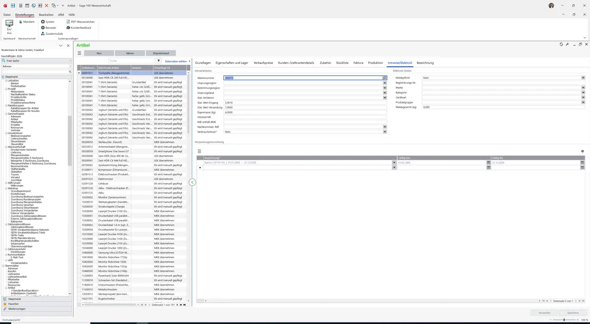 Sage 100 9.0.5.11 Artikel (Artikelstamm gedreht): Register Intrastat/ElektroG