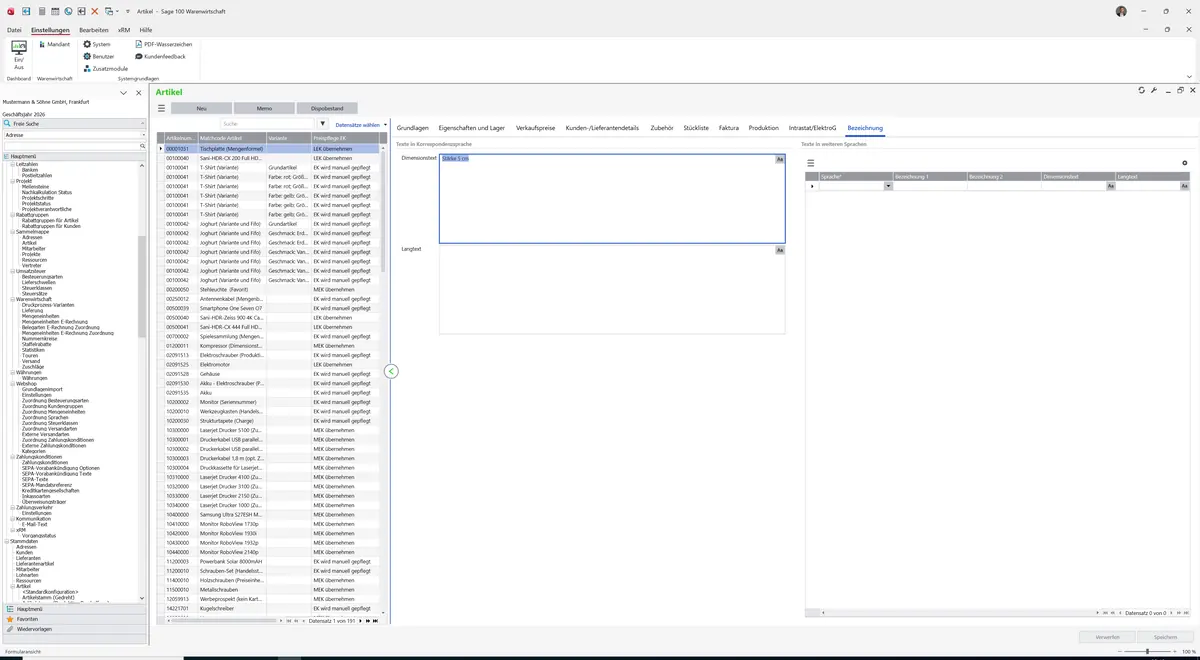 Sage 100 9.0.5.11 Artikel (Artikelstamm gedreht): Register Bezeichnung