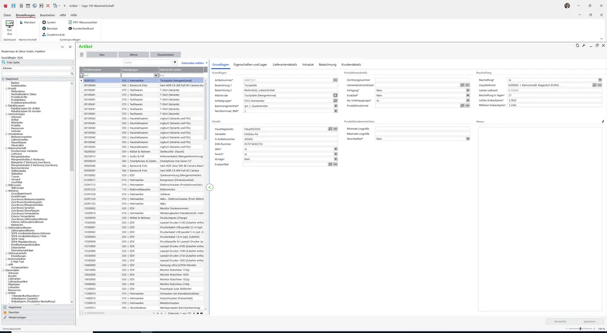 Sage 100 9.0.5.11 Artikel (Artikelstamm Produktion Beschaffung): Datensatz geladen