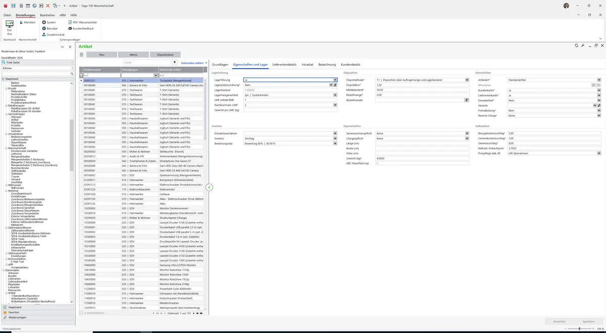 Sage 100 9.0.5.11 Artikel (Artikelstamm Produktion Beschaffung): Register Eigenschaften und Lager