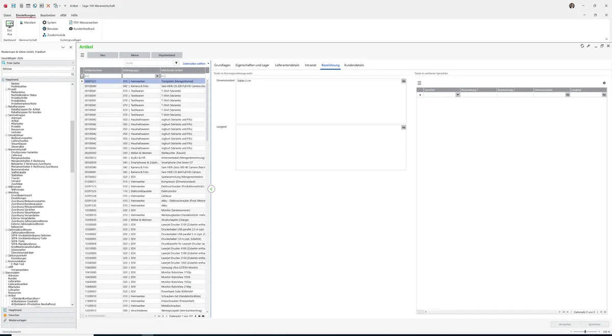 Sage 100 9.0.5.11 Artikel (Artikelstamm Produktion Beschaffung): Register Bezeichnung