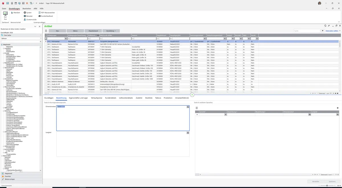 Sage 100 9.0.5.11 Artikel: Register Bezeichnung