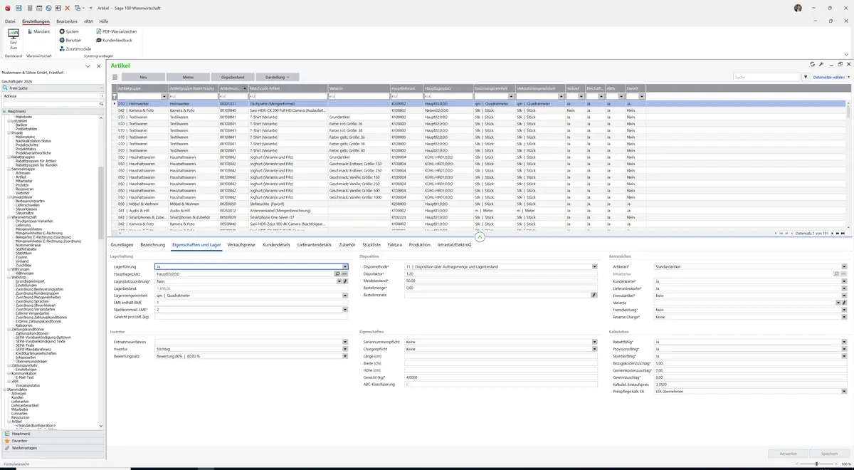 Sage 100 9.0.5.11 Artikel: Register Eigenschaften und Lager