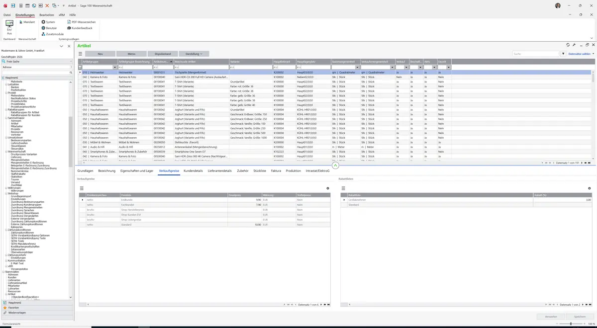 Sage 100 9.0.5.11 Artikel: Register Verkaufspreise