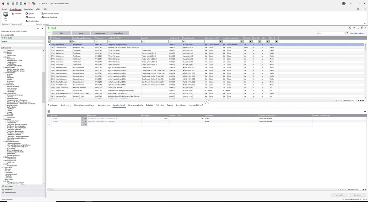 Sage 100 9.0.5.11 Artikel: Register Kundendetails