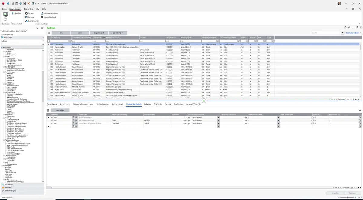 Sage 100 9.0.5.11 Artikel: Register Lieferantendetails