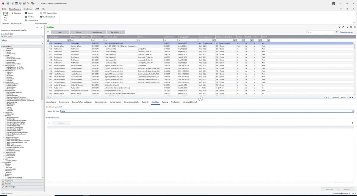 Sage 100 9.0.5.11 Artikel: Register Stückliste