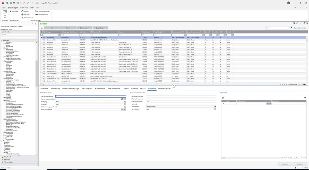 Sage 100 9.0.5.11 Artikel: Register Produktion
