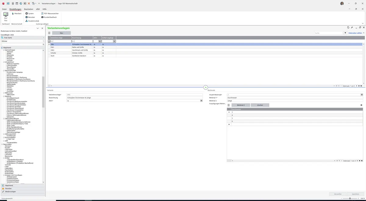 Sage 100 9.0.5.11 Variantenvorlagen: Datensatz geladen