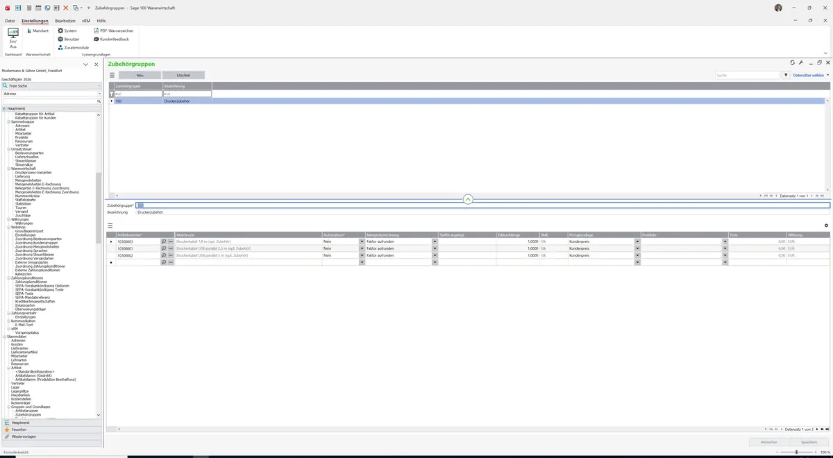 Sage 100 9.0.5.11 Zubehörgruppen: Register Standard