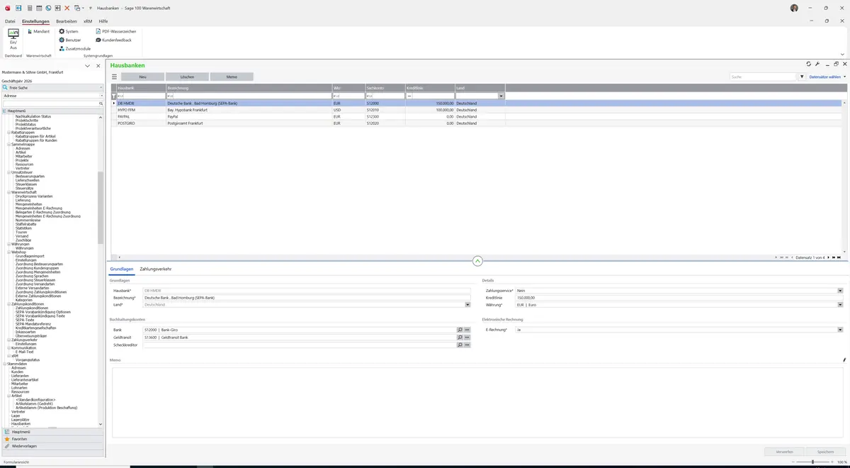 Sage 100 9.0.5.11 Hausbanken: Datensatz geladen