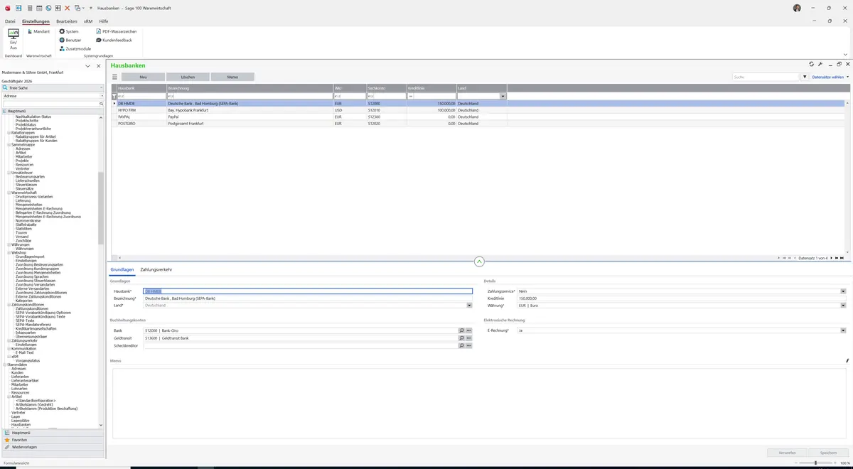 Sage 100 9.0.5.11 Hausbanken: Register Grundlagen