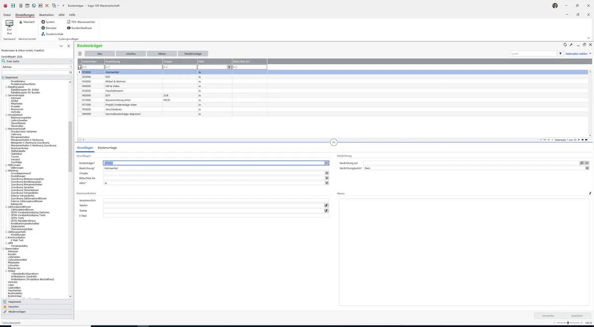 Sage 100 9.0.5.11 Kostenträger: Register Grundlagen