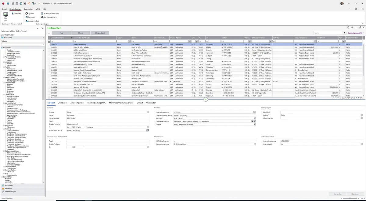 Sage 100 9.0.5.11 Lieferanten: Datensatz geladen