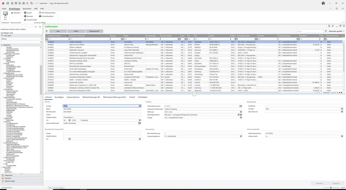 Sage 100 9.0.5.11 Lieferanten: Register Lieferant