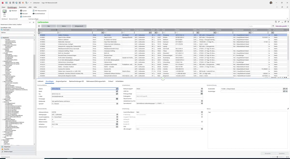 Sage 100 9.0.5.11 Lieferanten: Register Grundlagen