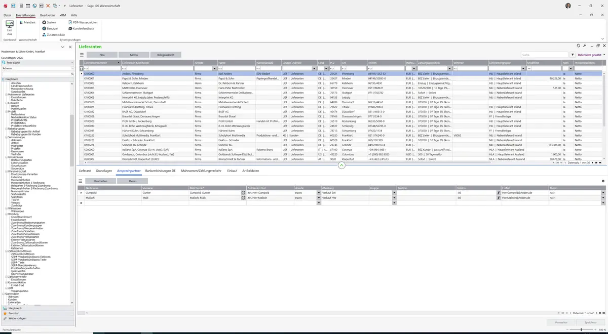 Sage 100 9.0.5.11 Lieferanten: Register Ansprechpartner