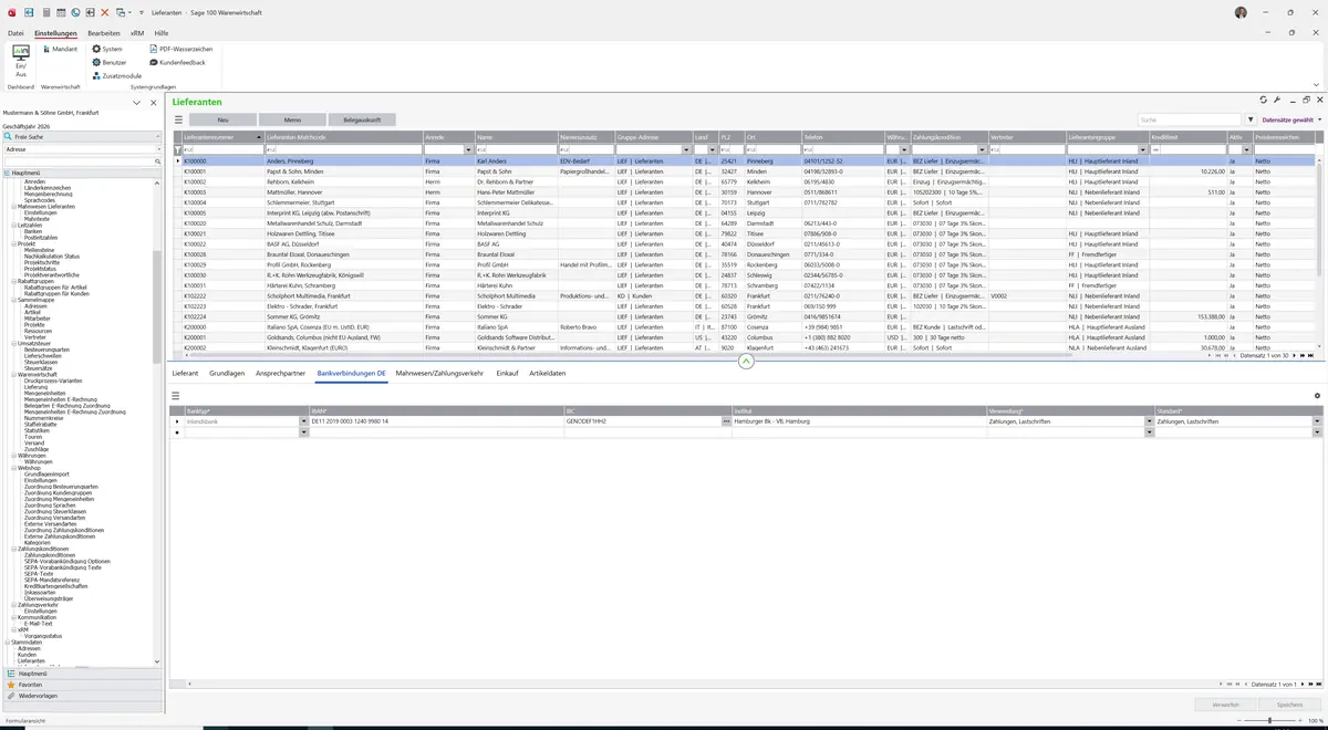 Sage 100 9.0.5.11 Lieferanten: Register Bankverbindungen DE