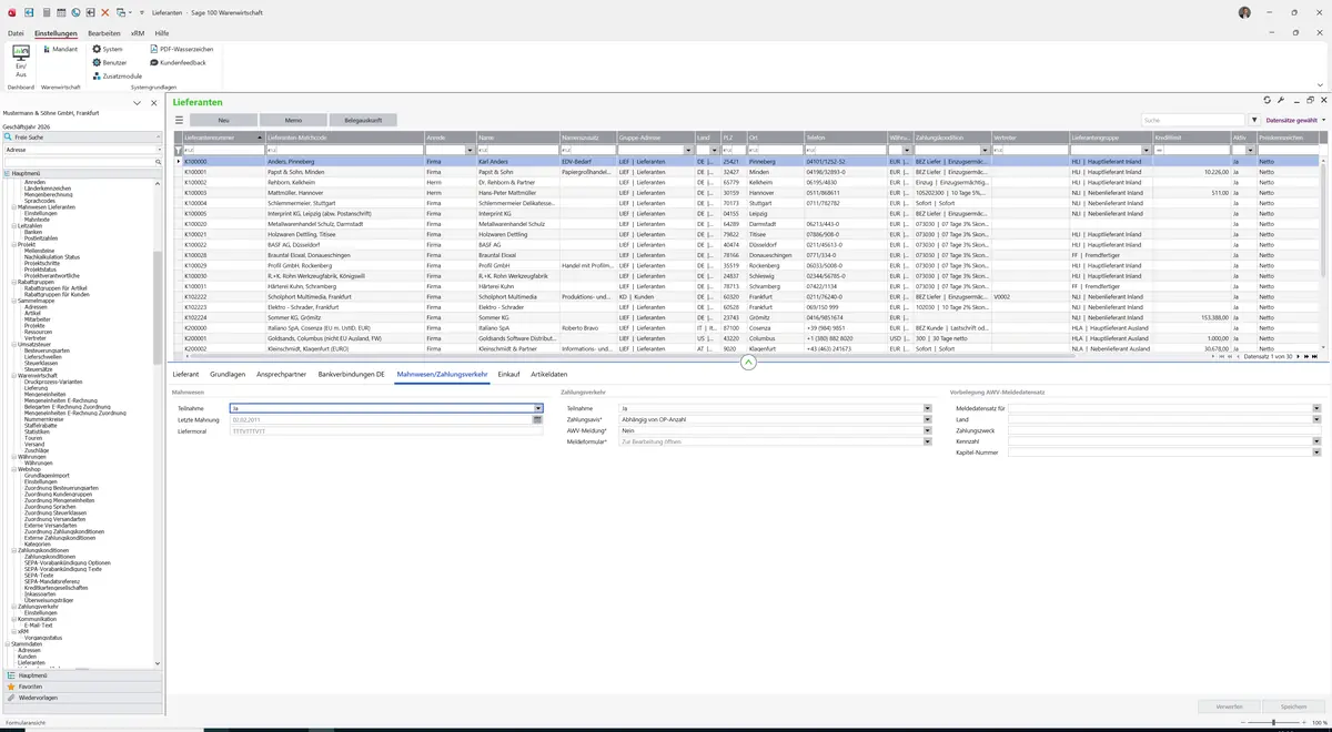 Sage 100 9.0.5.11 Lieferanten: Register Mahnwesen/Zahlungsverkehr