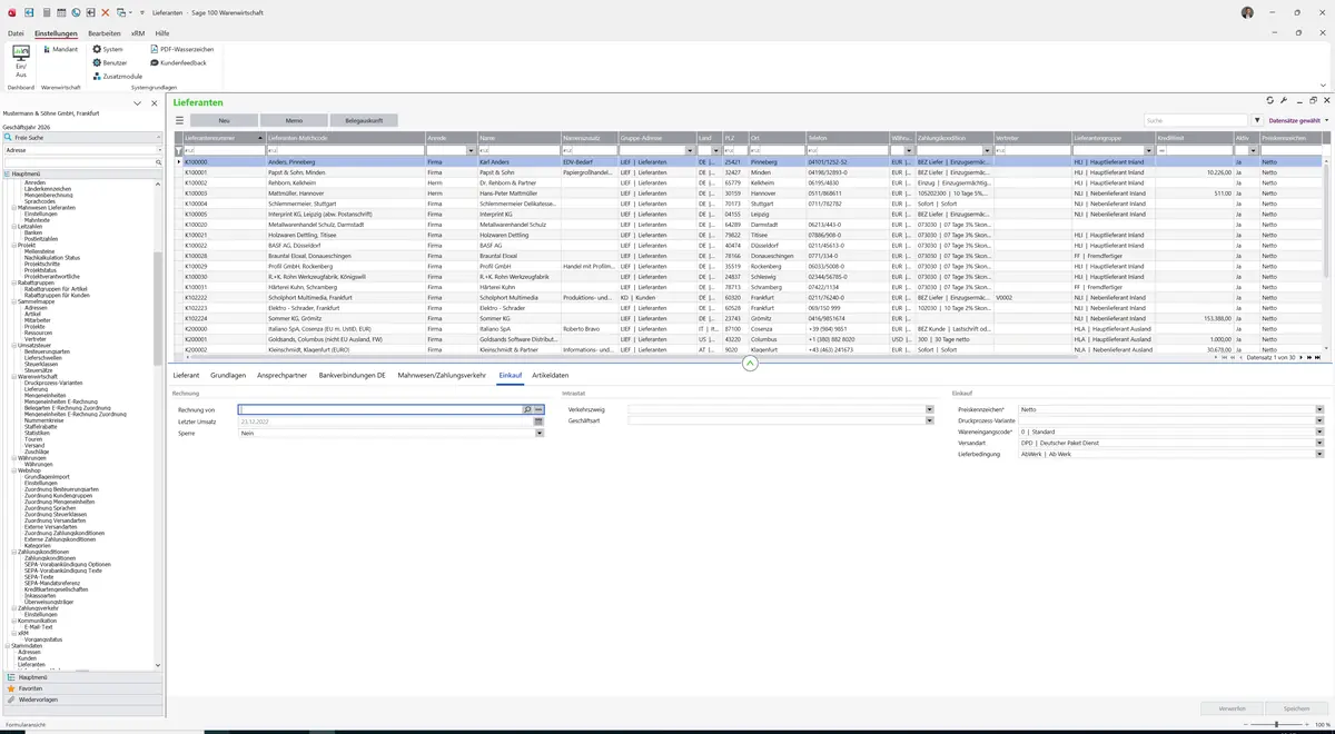 Sage 100 9.0.5.11 Lieferanten: Register Einkauf