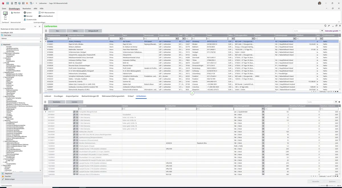 Sage 100 9.0.5.11 Lieferanten: Register Artikeldaten