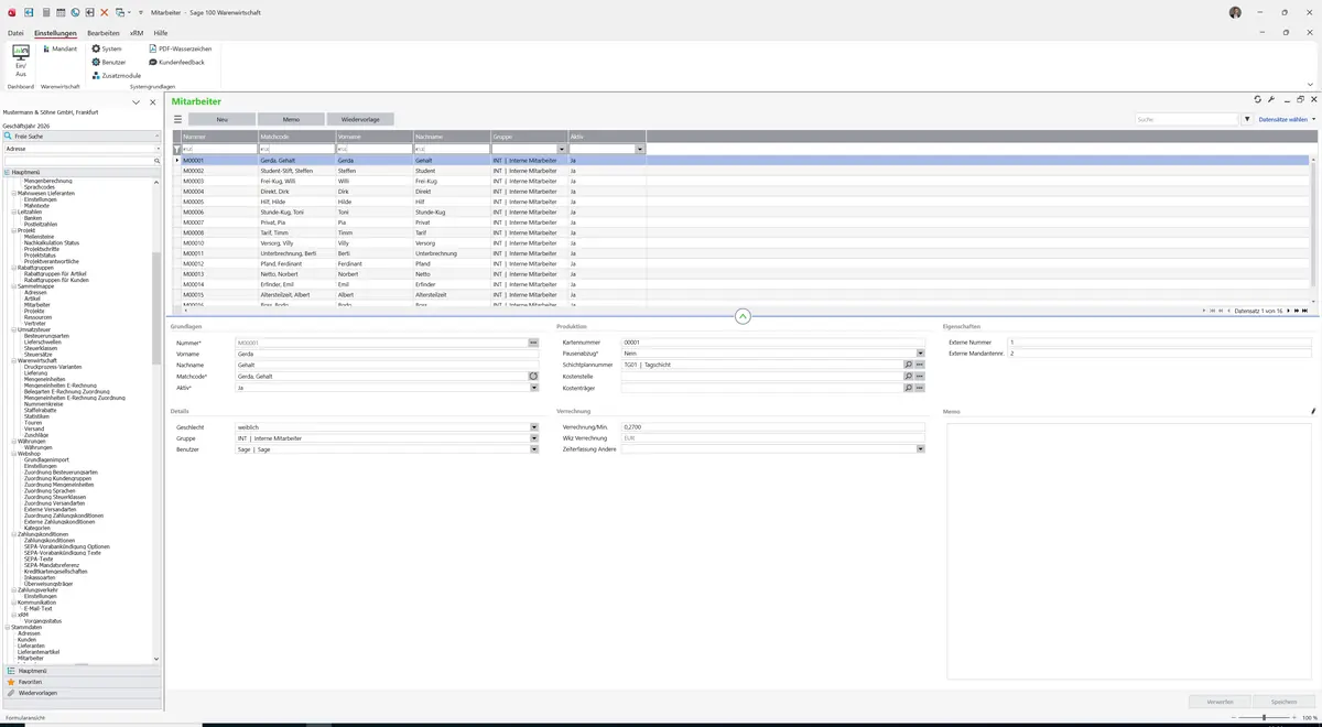 Sage 100 9.0.5.11 Mitarbeiter: Datensatz geladen