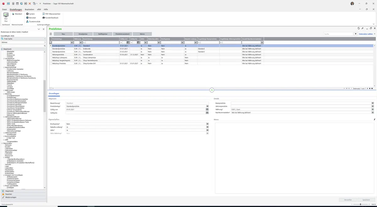 Sage 100 9.0.5.11 Preislisten: Datensatz geladen