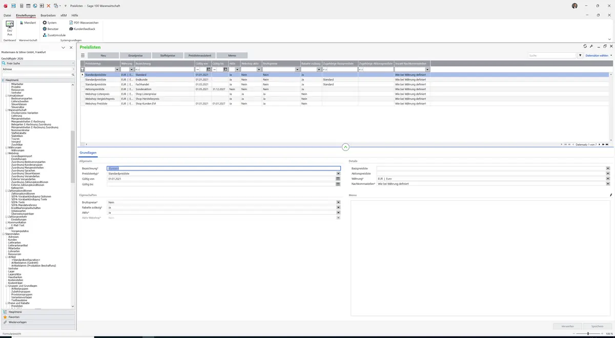 Sage 100 9.0.5.11 Preislisten: Register Grundlagen